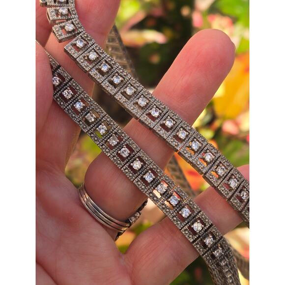 Vintage Sterling Silver Marcasite & Clear Crystal Choker Necklace & Bracelet Set - Picture 10 of 10